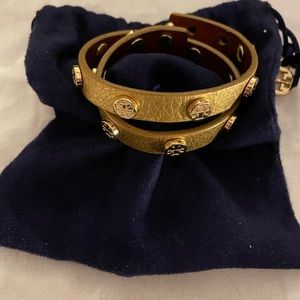 Tory Burch Gold Leather Double Wrap Stud Bracelet